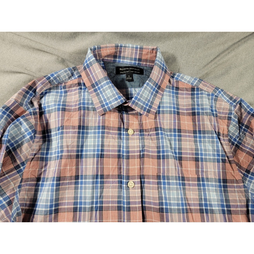 BANANA REPUBLIC Men's Blue/Red Plaid Slim-Fit‎ Soft-Wash Stretch Shirt Button Up